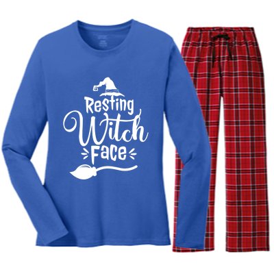 Resting Witch Face Hat Broom Cute Funny Halloween Funny Gift Women's Long Sleeve Flannel Pajama Set 