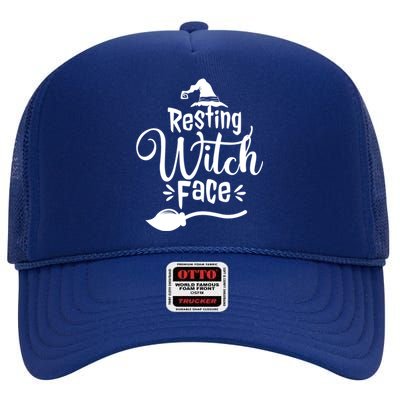 Resting Witch Face Hat Broom Cute Funny Halloween Funny Gift High Crown Mesh Back Trucker Hat