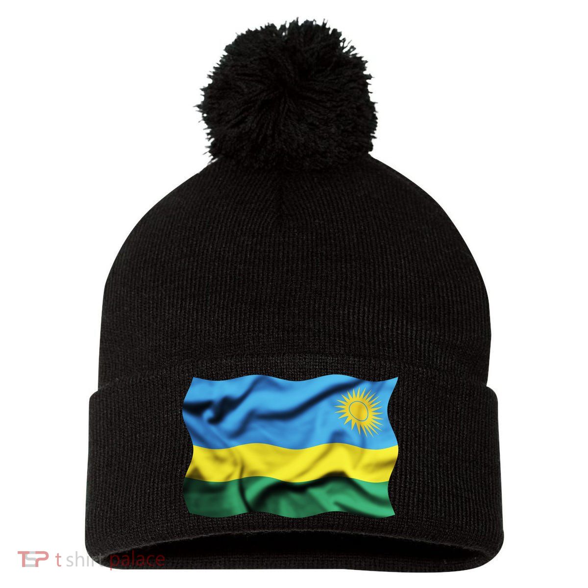 Rwanda Wavey Flag Pom Pom 12in Knit Beanie