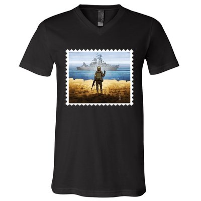 Russian Warship Go F Yourself Ukraine Postage Stamp Ukrainian Pride V-Neck T-Shirt