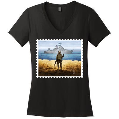 Russian Warship Go F Yourself Ukraine Postage Stamp Ukrainian Pride Women's V-Neck T-Shirt