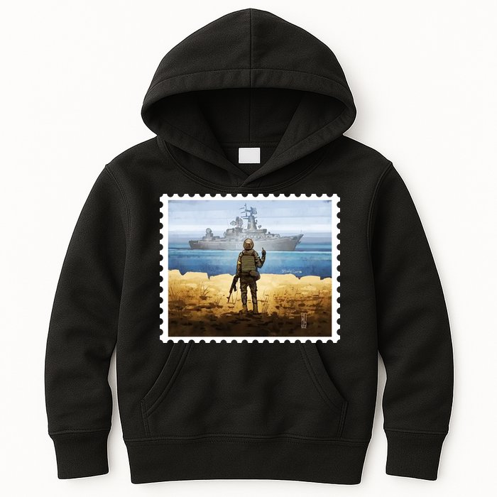 Russian Warship Go F Yourself Ukraine Postage Stamp Ukrainian Pride Kids Hoodie