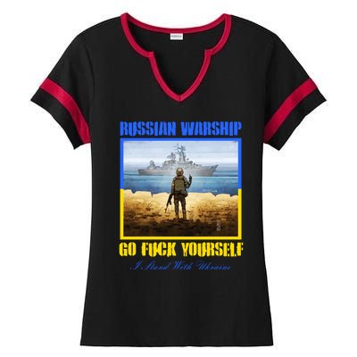 Russian Warship Go F Yourself I Stand With Ukraine Postage Stamp Ladies Halftime Notch Neck Tee