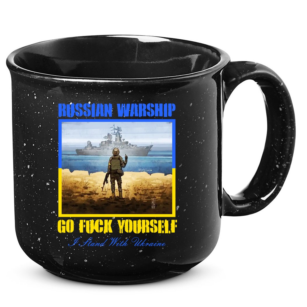 Russian Warship Go F Yourself I Stand With Ukraine Postage Stamp 15oz Campfire Ceramic Mug