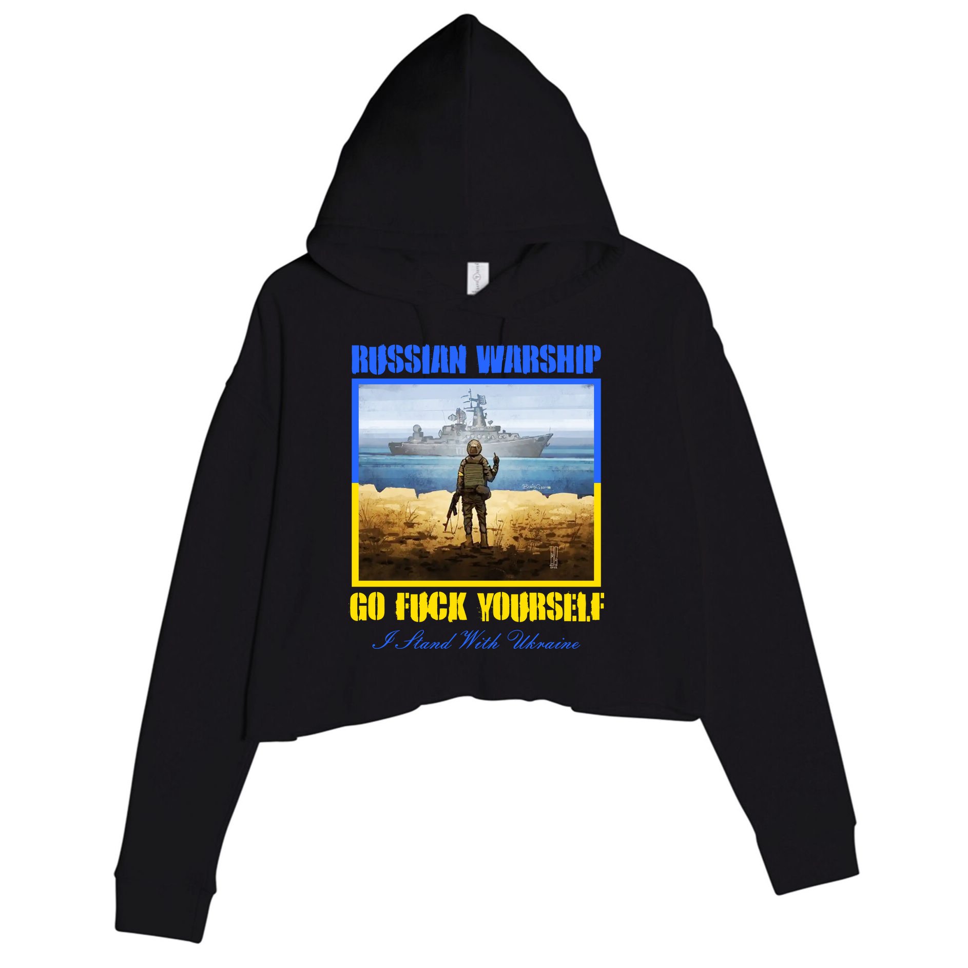 Russian Warship Go F Yourself I Stand With Ukraine Postage Stamp Crop Fleece Hoodie