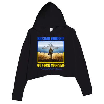 Russian Warship Go F Yourself I Stand With Ukraine Postage Stamp Crop Fleece Hoodie