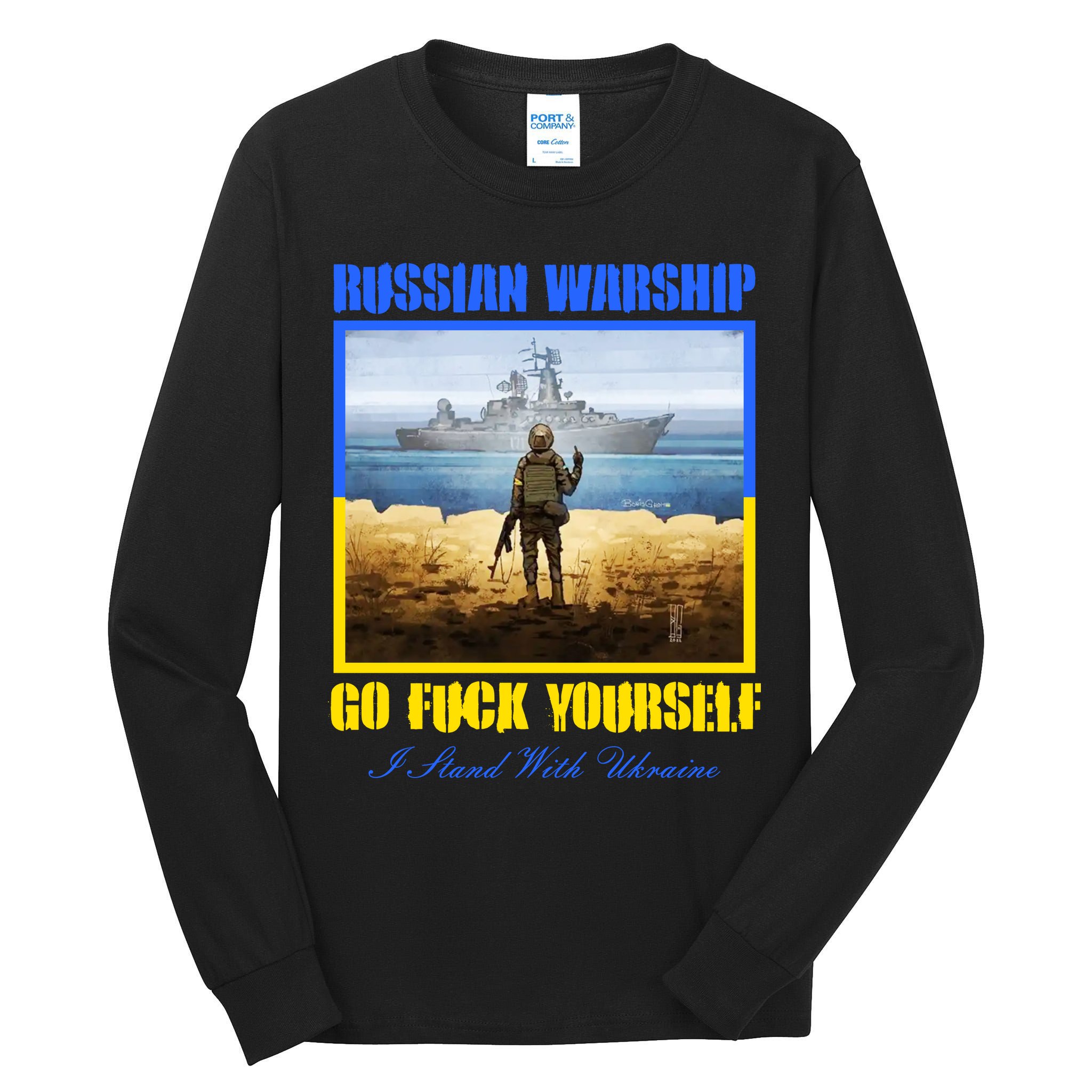 Russian Warship Go F Yourself I Stand With Ukraine Postage Stamp Tall Long Sleeve T-Shirt