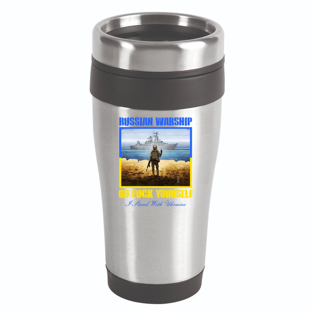 Russian Warship Go F Yourself I Stand With Ukraine Postage Stamp 16oz Travel Tumbler