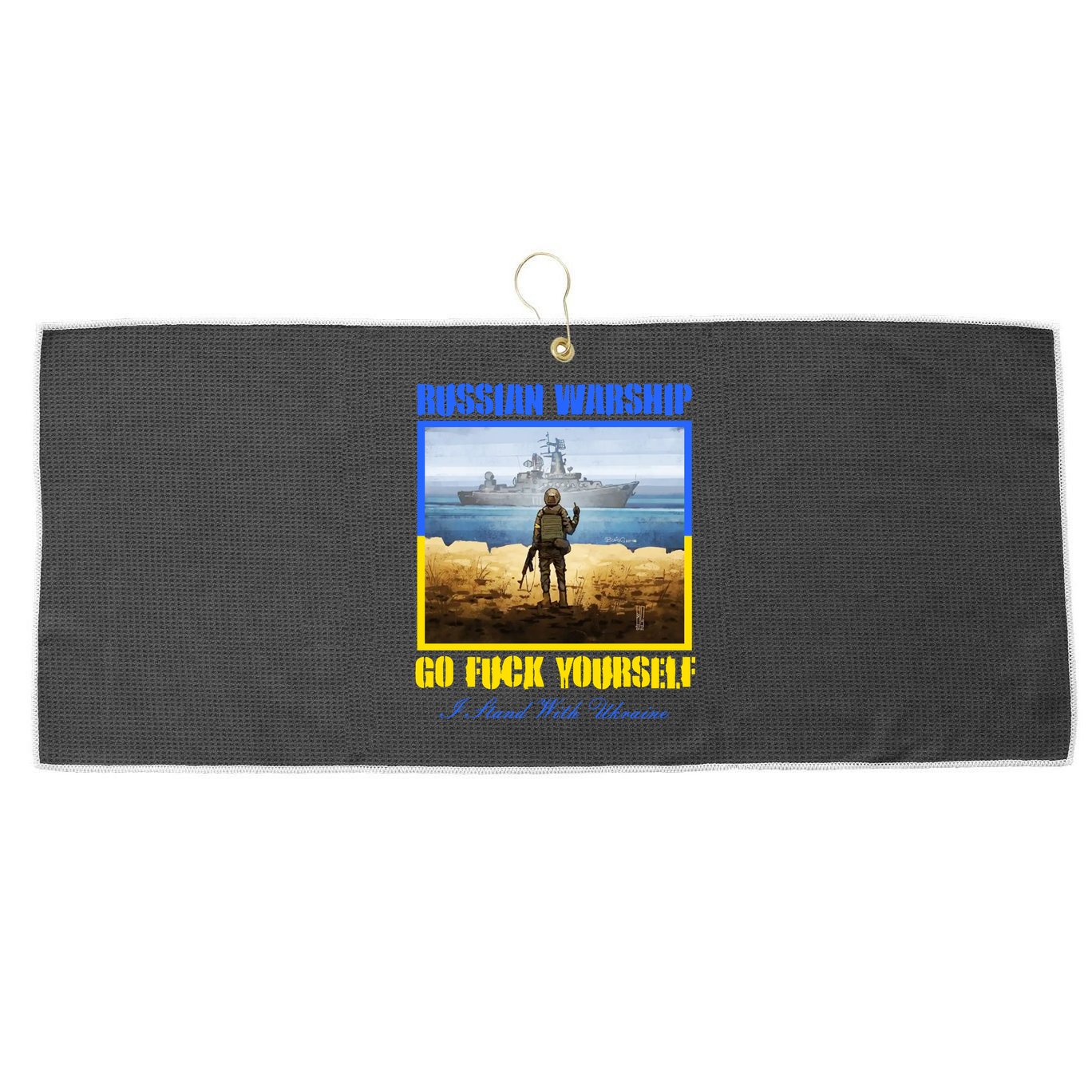Russian Warship Go F Yourself I Stand With Ukraine Postage Stamp Large Microfiber Waffle Golf Towel