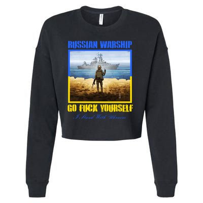 Russian Warship Go F Yourself I Stand With Ukraine Postage Stamp Cropped Pullover Crew