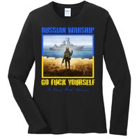 Russian Warship Go F Yourself I Stand With Ukraine Postage Stamp Ladies Long Sleeve Shirt