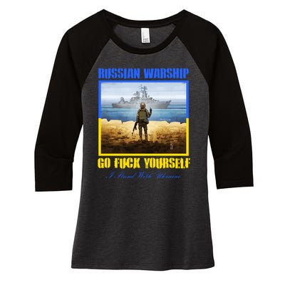 Russian Warship Go F Yourself I Stand With Ukraine Postage Stamp Women's Tri-Blend 3/4-Sleeve Raglan Shirt