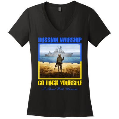 Russian Warship Go F Yourself I Stand With Ukraine Postage Stamp Women's V-Neck T-Shirt