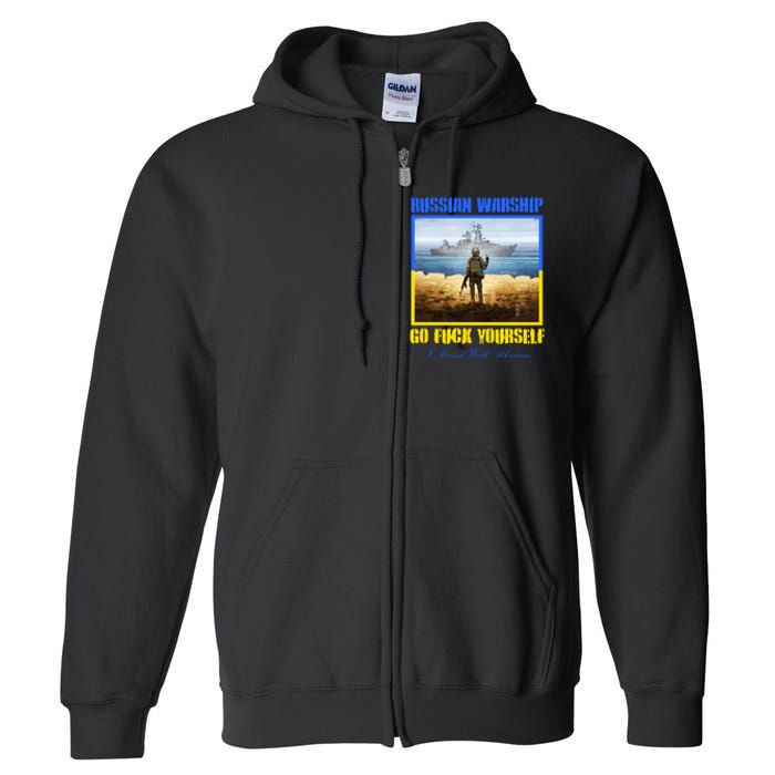 Russian Warship Go F Yourself I Stand With Ukraine Postage Stamp Full Zip Hoodie