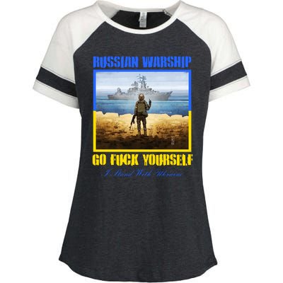 Russian Warship Go F Yourself I Stand With Ukraine Postage Stamp Enza Ladies Jersey Colorblock Tee