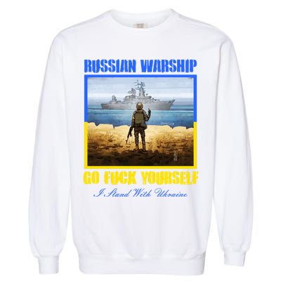 Russian Warship Go F Yourself I Stand With Ukraine Postage Stamp Garment-Dyed Sweatshirt