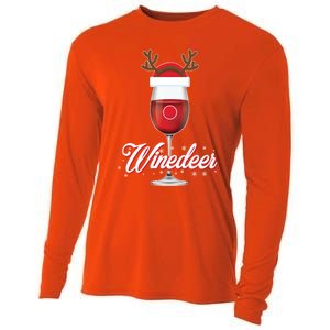 Red Wine Glass With Reindeer Hat Merry Winemas Winedeer Gift Cooling Performance Long Sleeve Crew