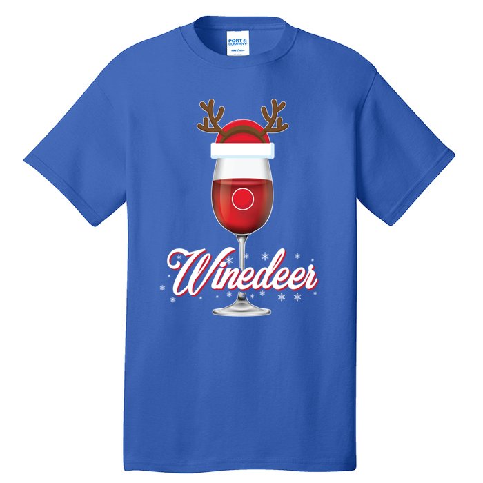 Red Wine Glass With Reindeer Hat Merry Winemas Winedeer Gift Tall T-Shirt