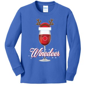 Red Wine Glass With Reindeer Hat Merry Winemas Winedeer Gift Kids Long Sleeve Shirt