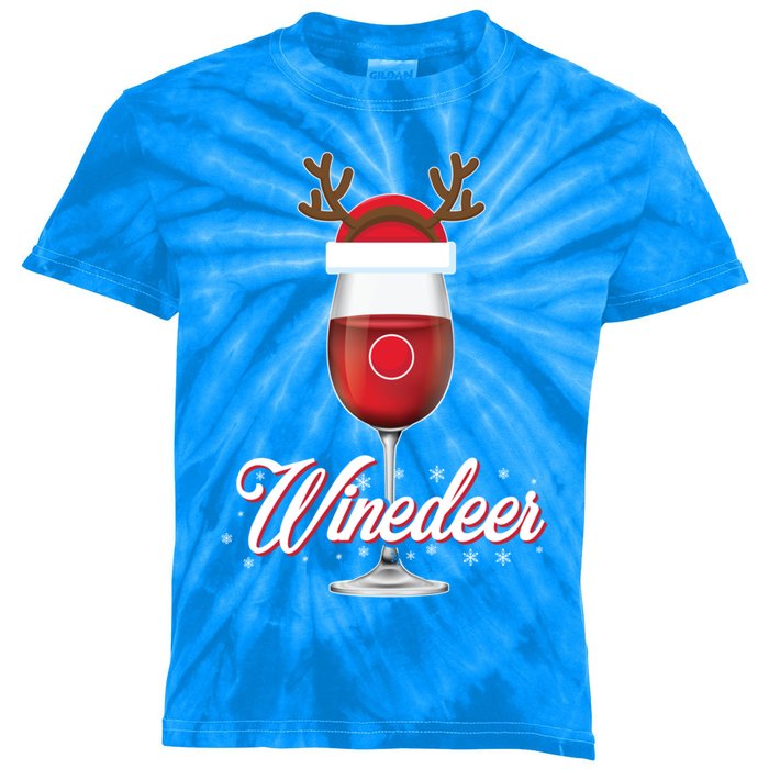 Red Wine Glass With Reindeer Hat Merry Winemas Winedeer Gift Kids Tie-Dye T-Shirt