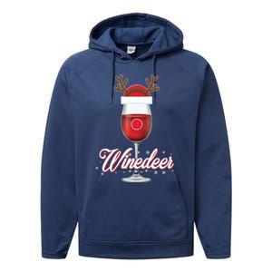 Red Wine Glass With Reindeer Hat Merry Winemas Winedeer Gift Performance Fleece Hoodie