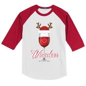 Red Wine Glass With Reindeer Hat Merry Winemas Winedeer Gift Kids Colorblock Raglan Jersey