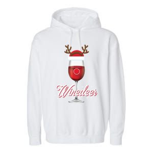 Red Wine Glass With Reindeer Hat Merry Winemas Winedeer Gift Garment-Dyed Fleece Hoodie