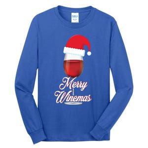 Red Wine Glass With Santa Claus Hat Merry Winemas Christmas Gift Tall Long Sleeve T-Shirt