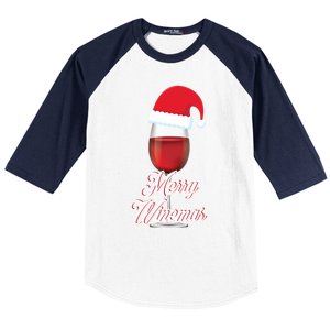 Red Wine Glass With Santa Claus Hat Merry Winemas Christmas Gift Baseball Sleeve Shirt