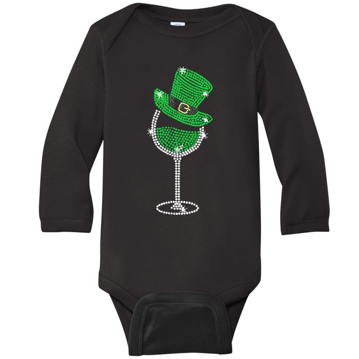 Rhinestone Wine Glasses Drinking St Patricks Day Baby Long Sleeve Bodysuit