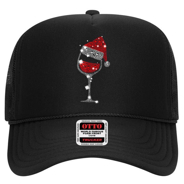 Red Wine Glass Christmas Tee Funny Santa Hat Xmas Gift TShirt High Crown Mesh Back Trucker Hat