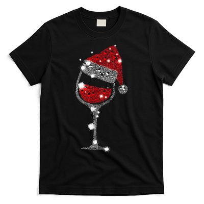 Red Wine Glass Christmas Tee Funny Santa Hat Xmas Gift TShirt T-Shirt