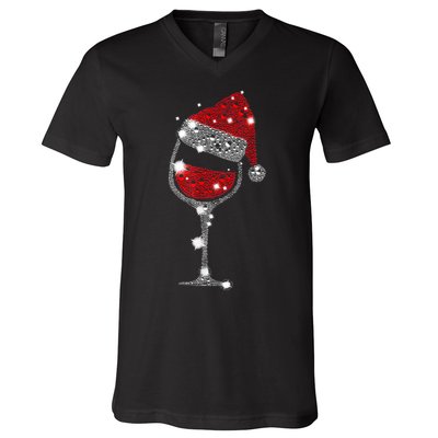 Red Wine Glass Christmas Tee Funny Santa Hat Xmas Gift TShirt V-Neck T-Shirt