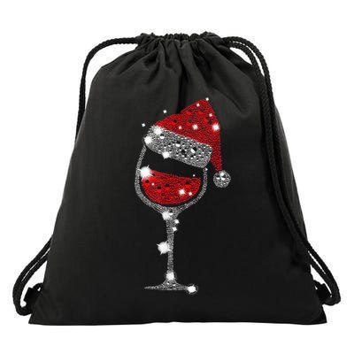 Red Wine Glass Christmas Tee Funny Santa Hat Xmas Gift TShirt Drawstring Bag