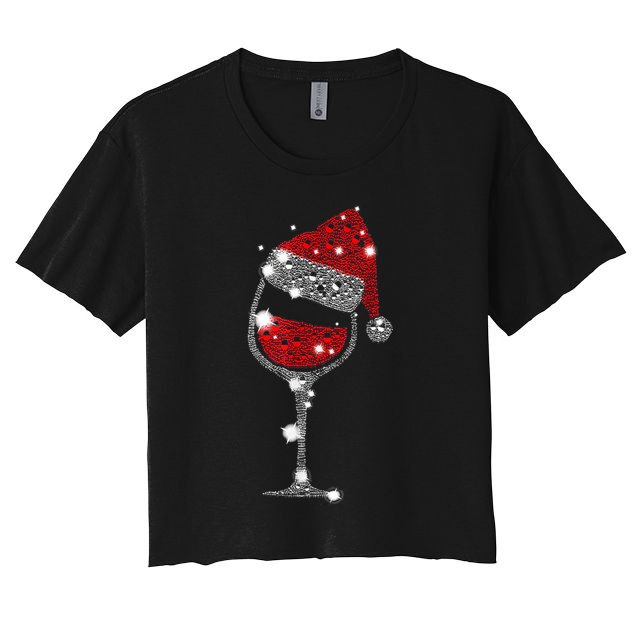 Red Wine Glass Christmas Tee Funny Santa Hat Xmas Gift TShirt Crop Top