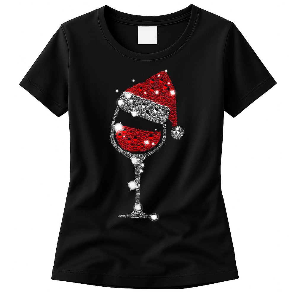 Red Wine Glass Christmas Tee Funny Santa Hat Xmas Gift TShirt Womens T-Shirt