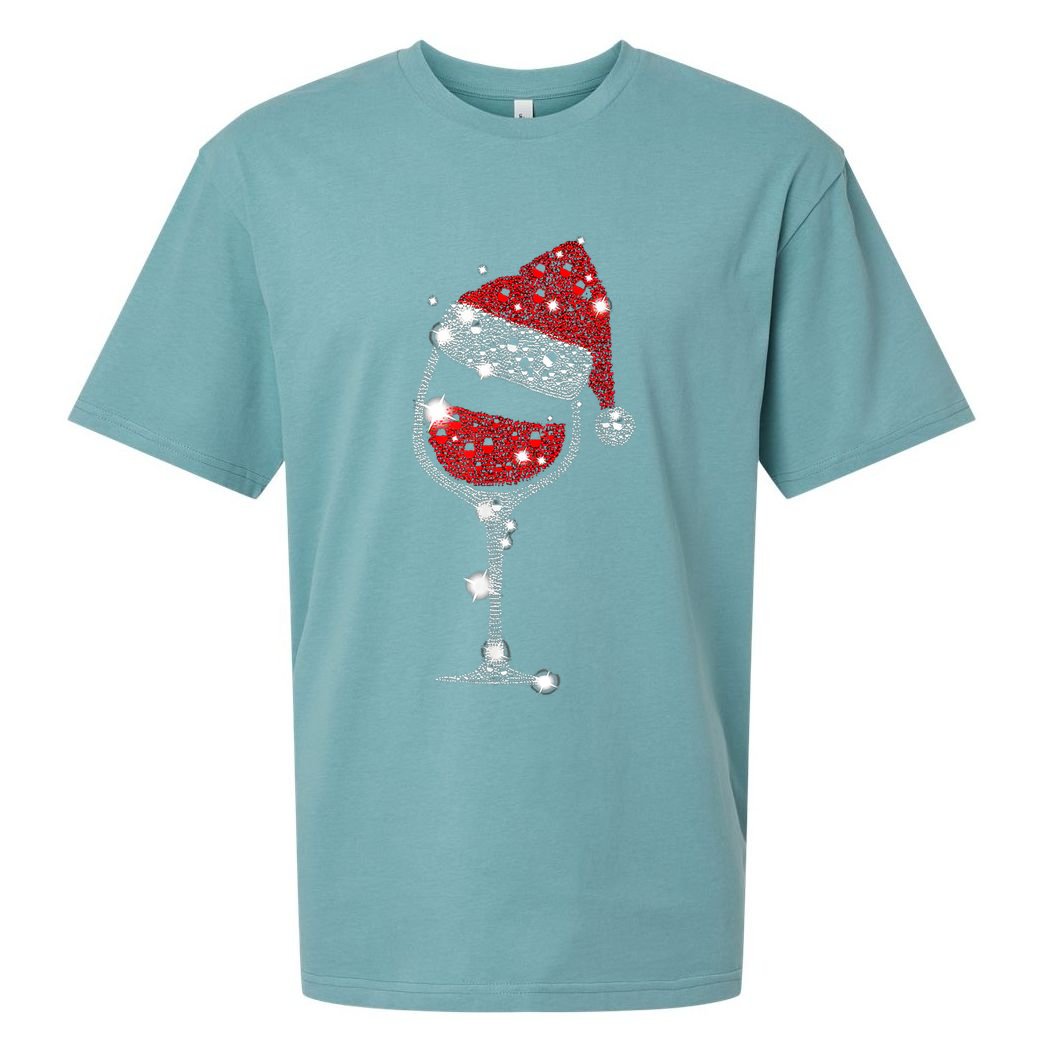 Red Wine Glass Christmas Tee Funny Santa Hat Xmas Gift TShirt Sueded Cloud Jersey T-Shirt
