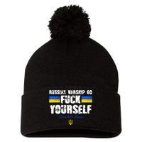 Russian Warship Go F Yourself I Stand With Ukraine Army Strong Pom Pom 12in Knit Beanie