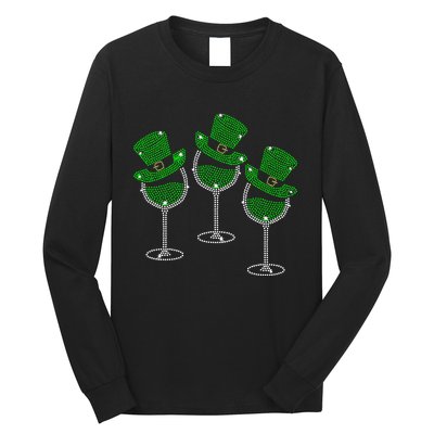 Rhinestone Wine Glasses Drinking St Patricks Day Girl Women Long Sleeve Long Sleeve Shirt