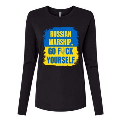 Russian Warship Go F Yourself Ukraine Last Words Ukrainian Flag Womens Cotton Relaxed Long Sleeve T-Shirt