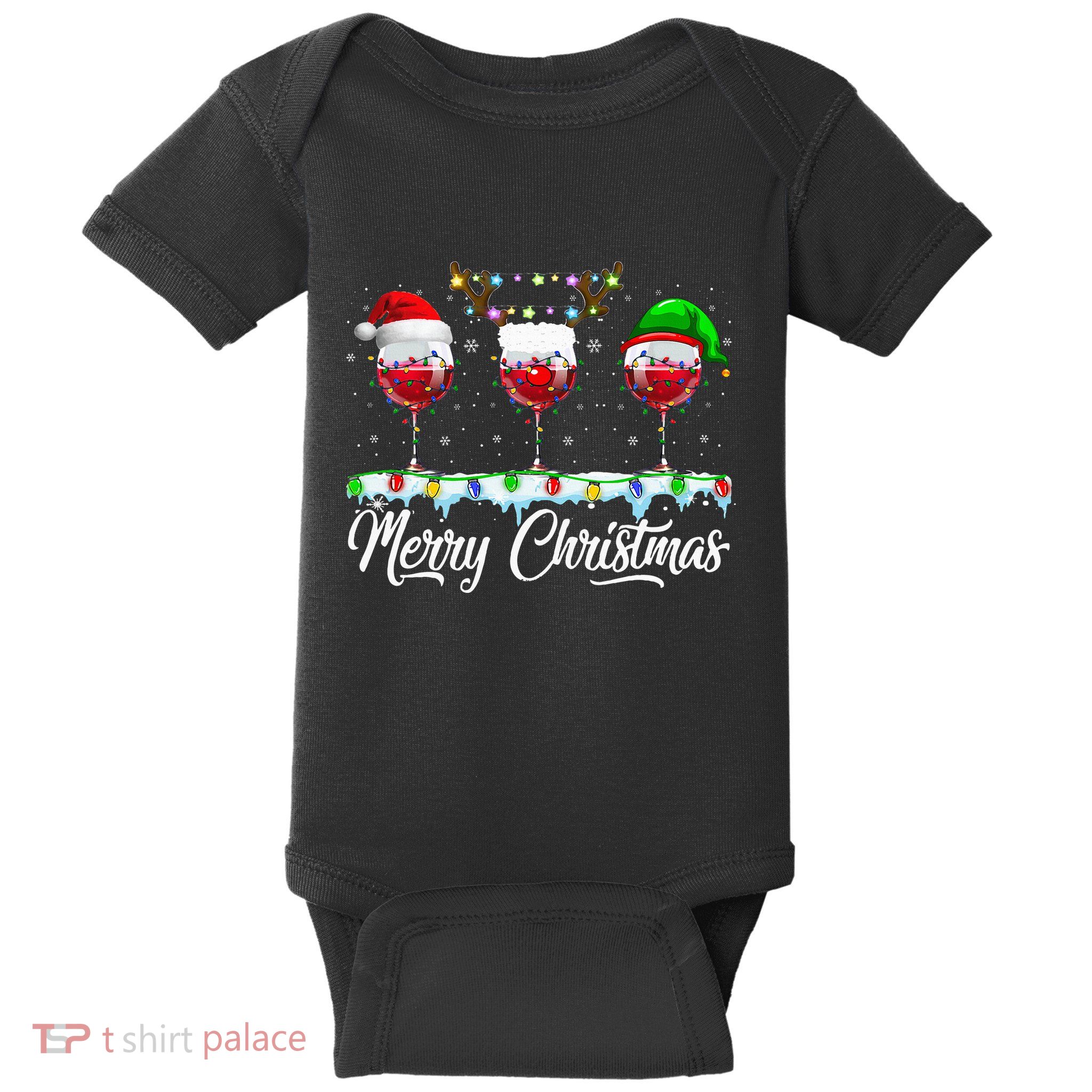 Red Wine Glass Santa Hat Xmas gift for Christmas Baby Bodysuit