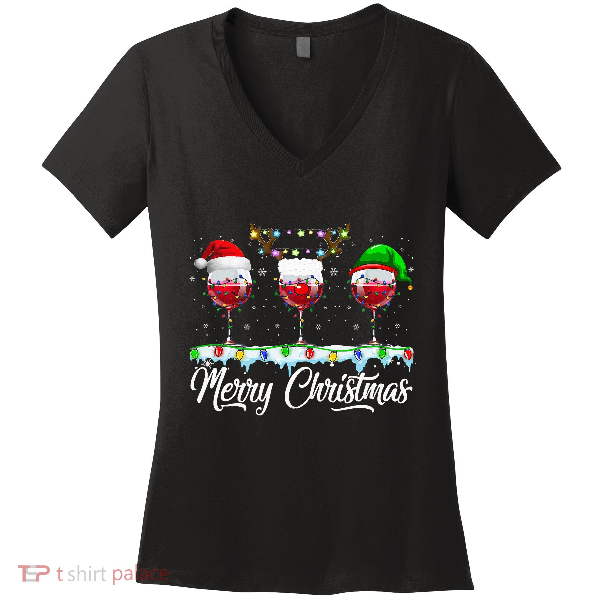 Red Wine Glass Santa Hat Xmas gift for Christmas Women's V-Neck T-Shirt