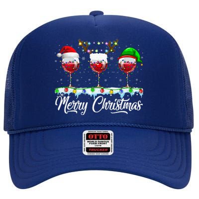 Red Wine Glass Santa Hat Xmas Funny Christmas High Crown Mesh Back Trucker Hat