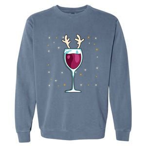 Red Wine Glass With Santa Hat Reindeer Antlers Wine Glass Gift Garment-Dyed Sweatshirt