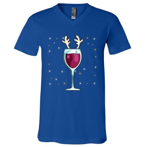 Red Wine Glass With Santa Hat Reindeer Antlers Wine Glass Gift V-Neck T-Shirt