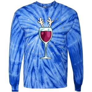 Red Wine Glass With Santa Hat Reindeer Antlers Wine Glass Gift Tie-Dye Long Sleeve Shirt