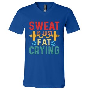 Retro Workout Gym Motivational Sweat Is Just Fat Crying Funny Gift V-Neck T-Shirt