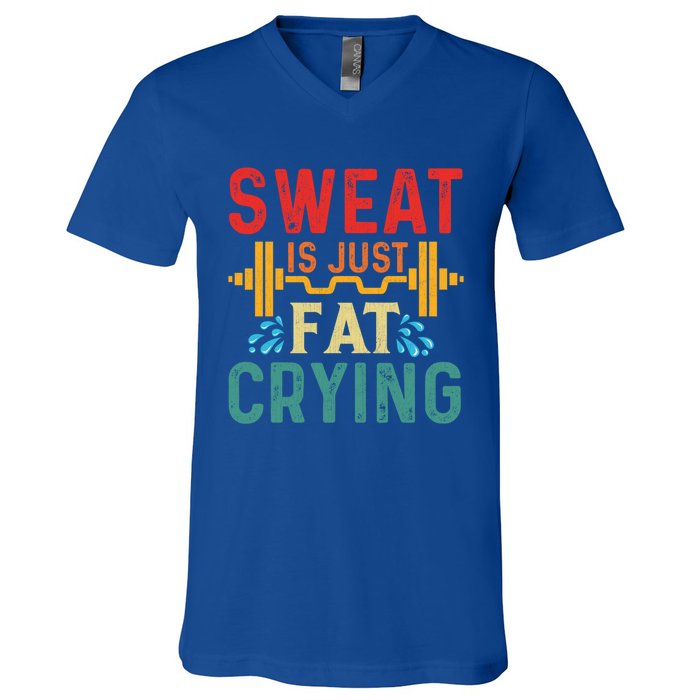 Retro Workout Gym Motivational Sweat Is Just Fat Crying Funny Gift V-Neck T-Shirt