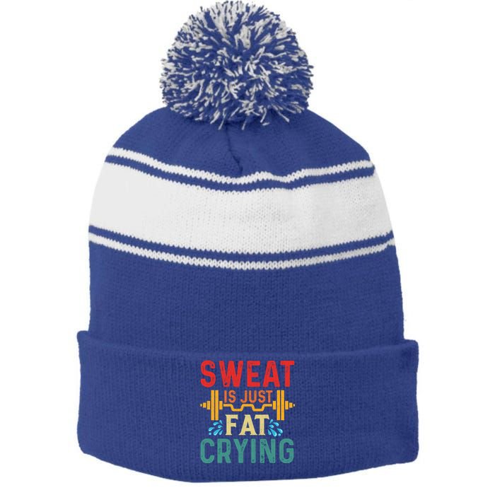 Retro Workout Gym Motivational Sweat Is Just Fat Crying Funny Gift Stripe Pom Pom Beanie