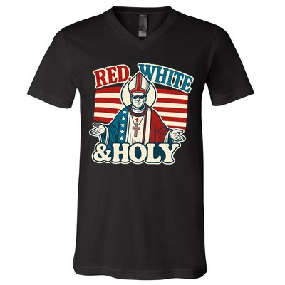 Red White & Holy Pope Leo XIV First American Pope  V-Neck T-Shirt